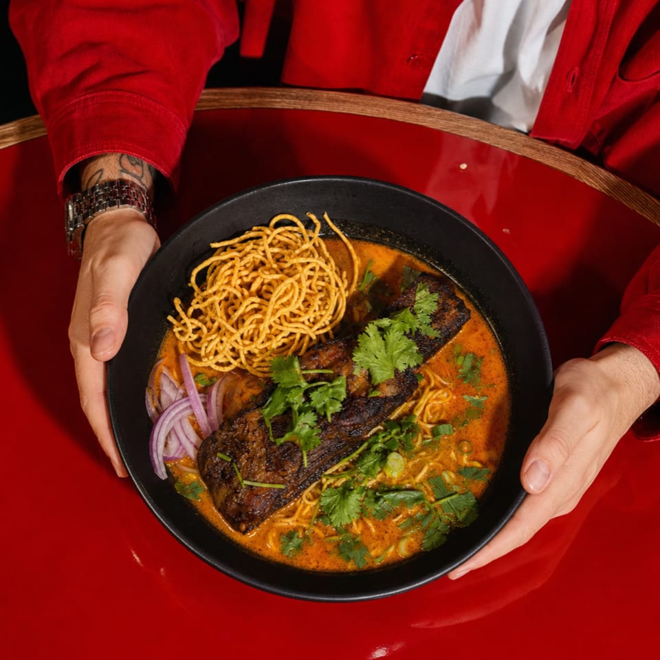 Hands holding a black bowl of Khao Soi with crispy noodles, braised short rib, and fresh herbs.