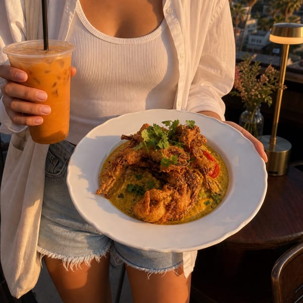 Person holding a plate of crispy fried soft-shell crab with curry sauce and an iced drink.