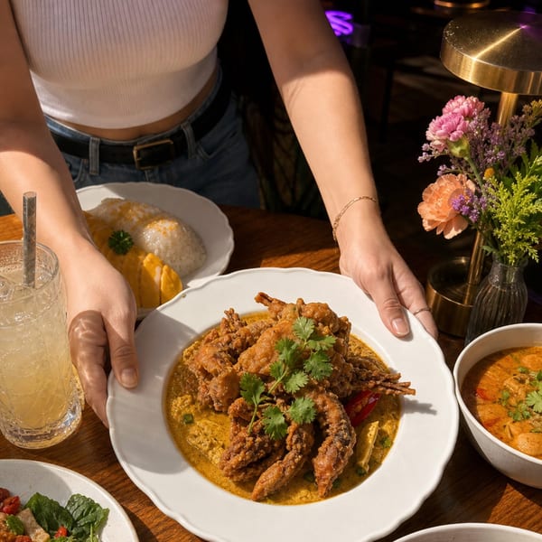 A person placing a plate of crispy soft-shell crab curry on a wooden table with other Thai dishes.