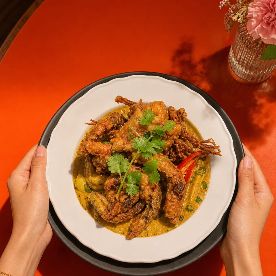 Hands holding a white plate of crispy fried soft-shell crab in yellow curry sauce on an orange table.