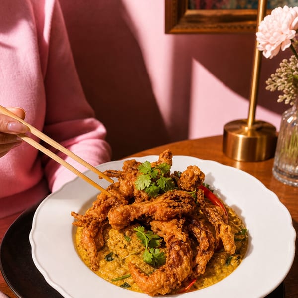 A person in a pink sweater uses chopsticks to pick up a piece of crispy fried soft-shell crab.
