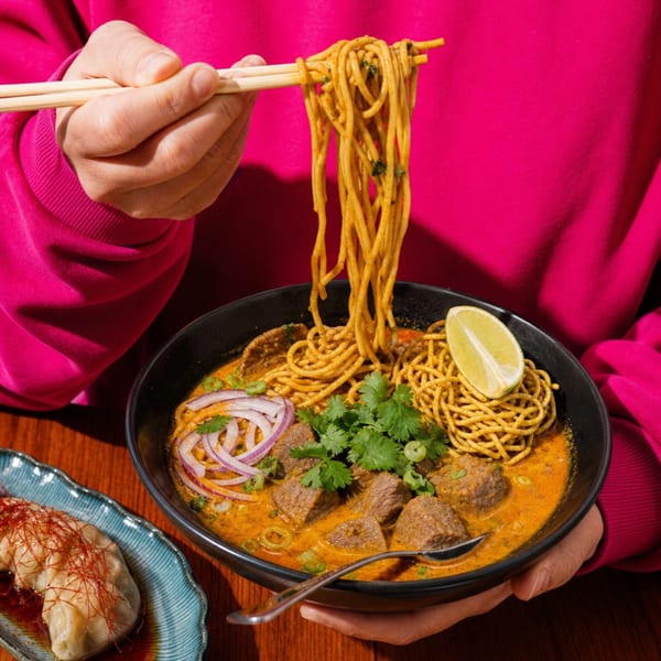 Chopsticks lift noodles from a bowl of beef curry, garnished with lime, cilantro, and red onion.