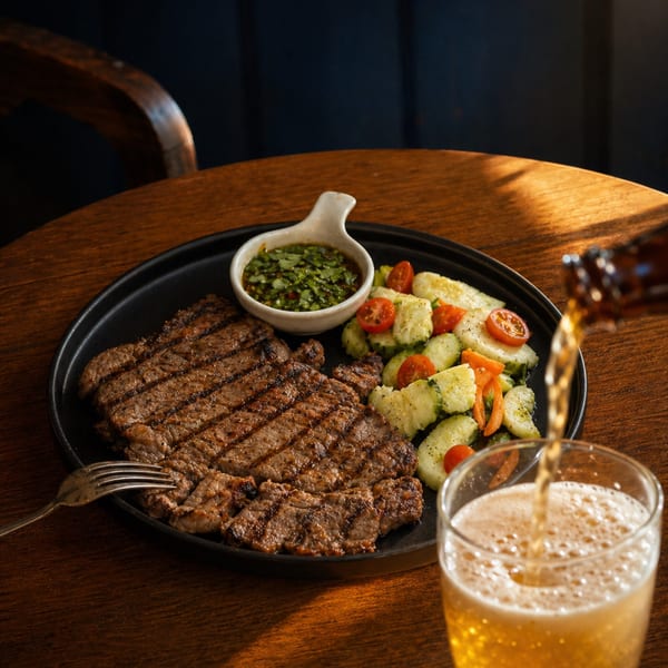 Grilled steak with a side of cucumber and tomato salad, green sauce, and beer being poured.