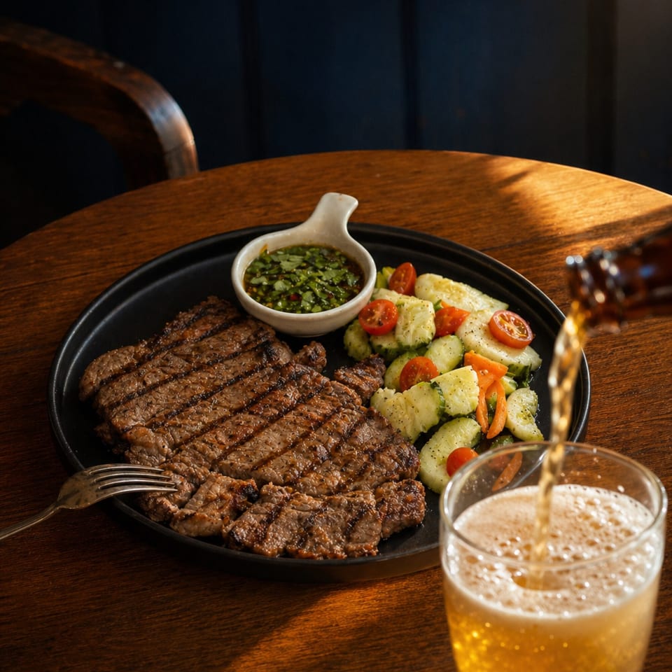 Grilled steak with a side of cucumber and tomato salad, green sauce, and beer being poured.