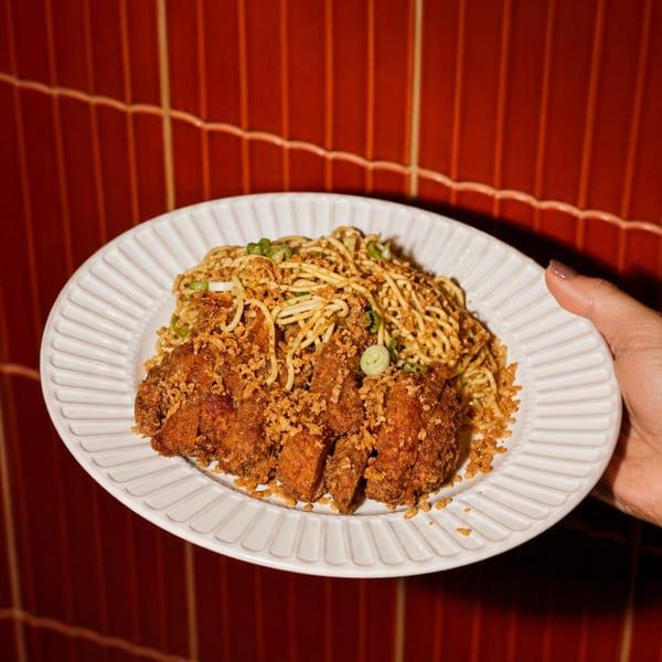 A hand holds a white plate with fried chicken, noodles, and green onions against a red background.